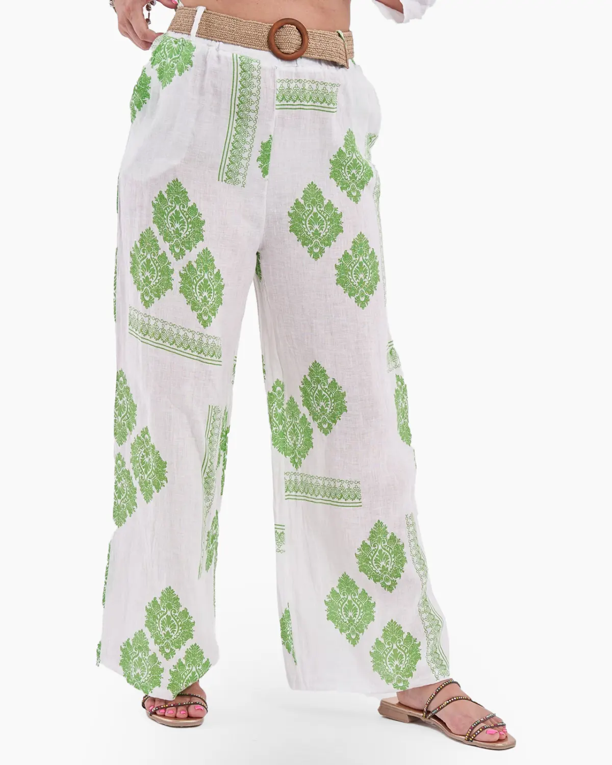 Pantaloni albi din in cu imprimeu verde [3]
