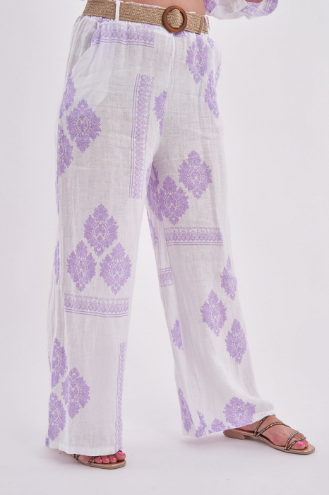 Pantaloni albi din in cu imprimeu violet [2]
