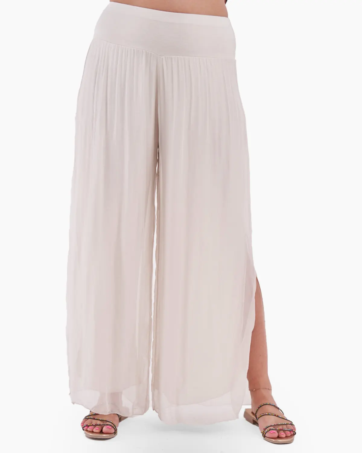 Pantaloni bej deschis din matase naturala, despicati lateral [1]