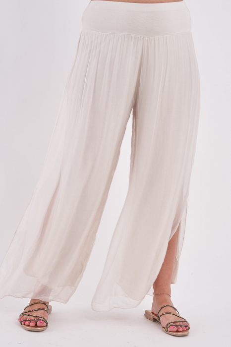 Pantaloni bej deschis din matase naturala, despicati lateral [2]
