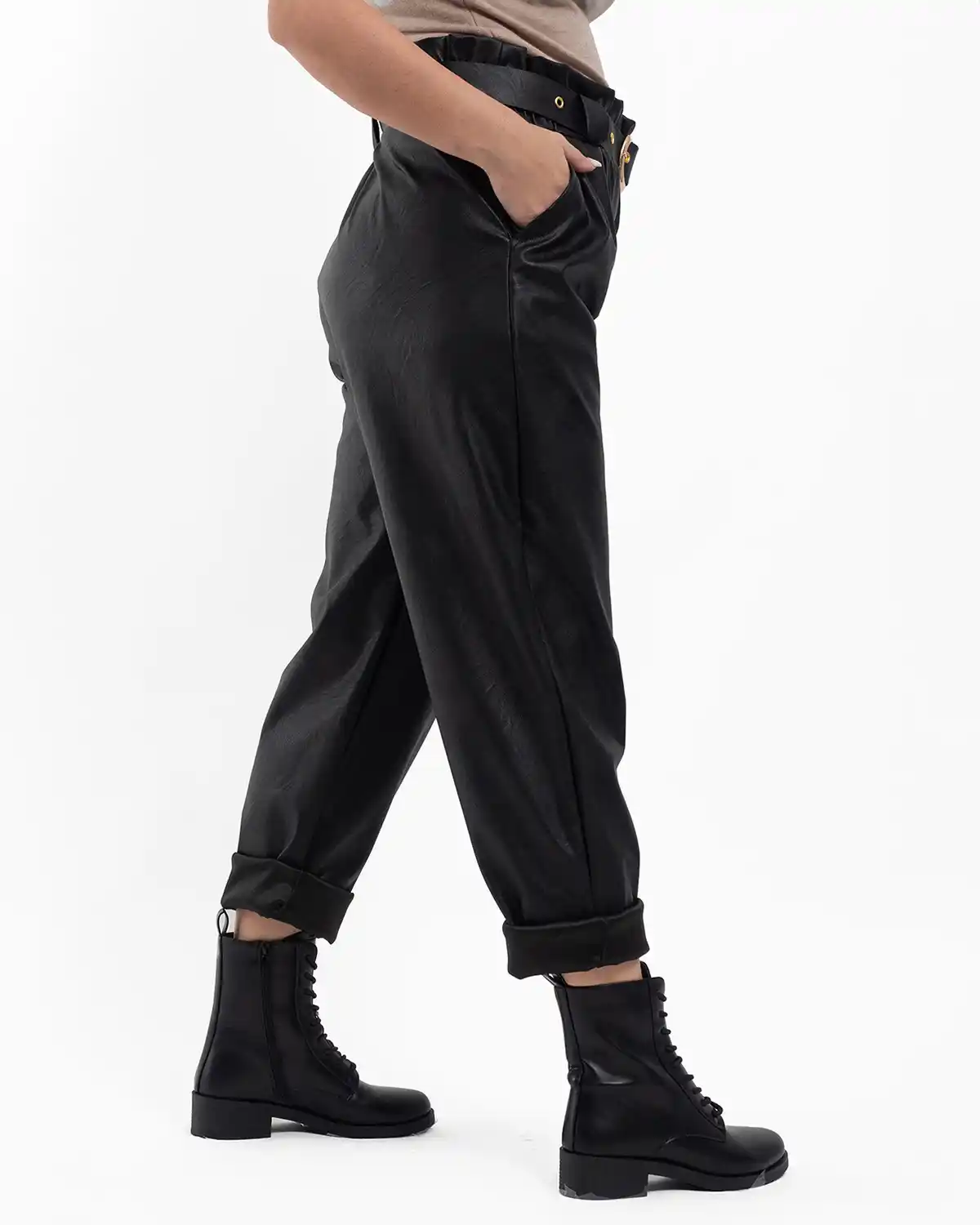 Pantaloni boyfriend damă din imitație piele cu curea inclusă [3]