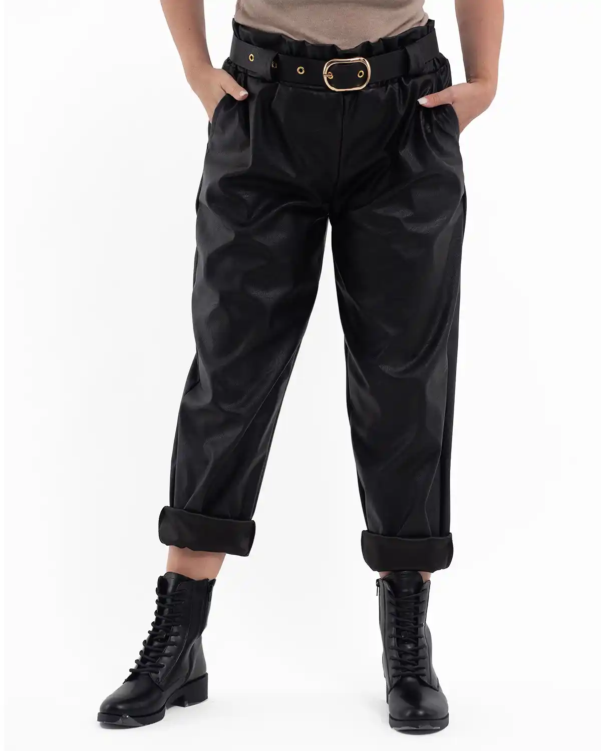 Pantaloni boyfriend damă din imitație piele cu curea inclusă [4]