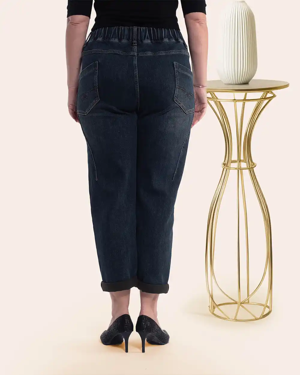 Pantaloni casual chic bleumarin cu talie înaltă căptușiți cu catifea [2]