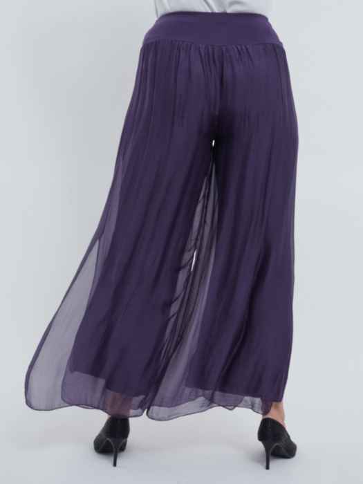 Pantaloni casual chic din matase naturala cu slituri laterale si design fusta talie unica croiala lejera mov [4]
