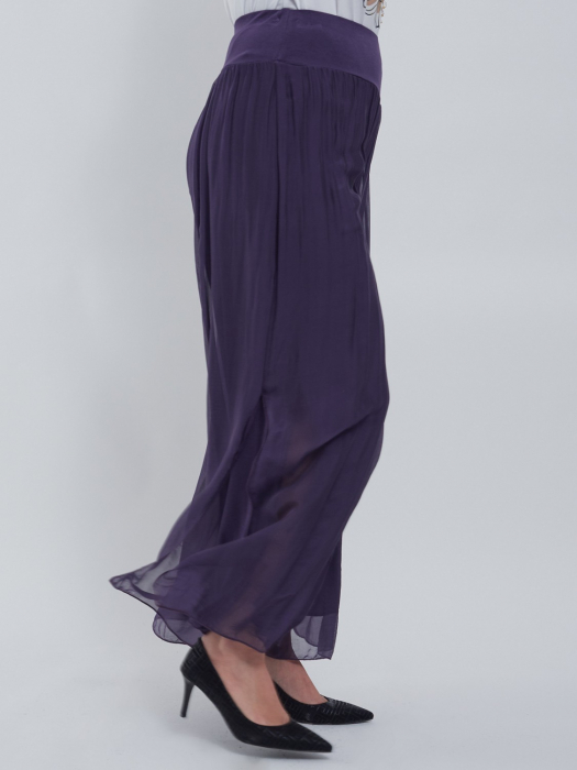 Pantaloni casual chic din matase naturala cu slituri laterale si design fusta talie unica croiala lejera mov [3]