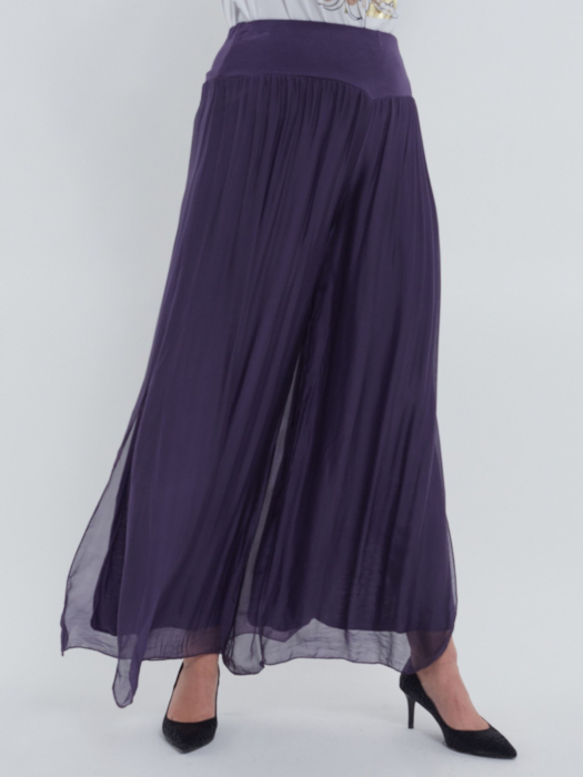 Pantaloni casual chic din matase naturala cu slituri laterale si design fusta talie unica croiala lejera mov [2]