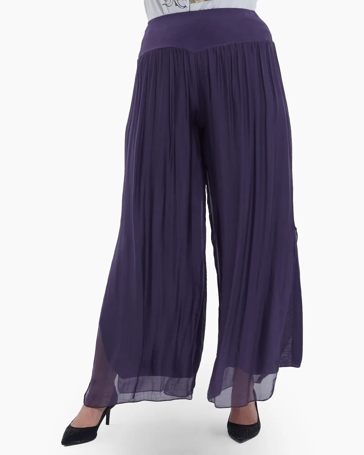 Pantaloni casual chic din matase naturala cu slituri laterale si design fusta talie unica croiala lejera mov [1]