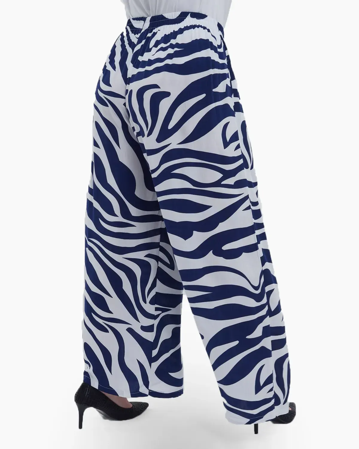 Pantaloni dama evazati din 100% viscoza fluida, imprimeu tigrat statement, talie elastica cu snur, confort casual chic, bleumarin [4]