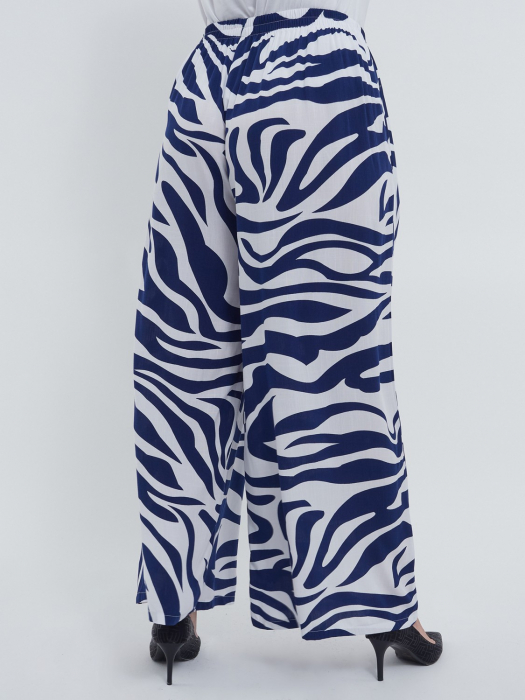 Pantaloni dama evazati din 100% viscoza fluida, imprimeu tigrat statement, talie elastica cu snur, confort casual chic, bleumarin [3]