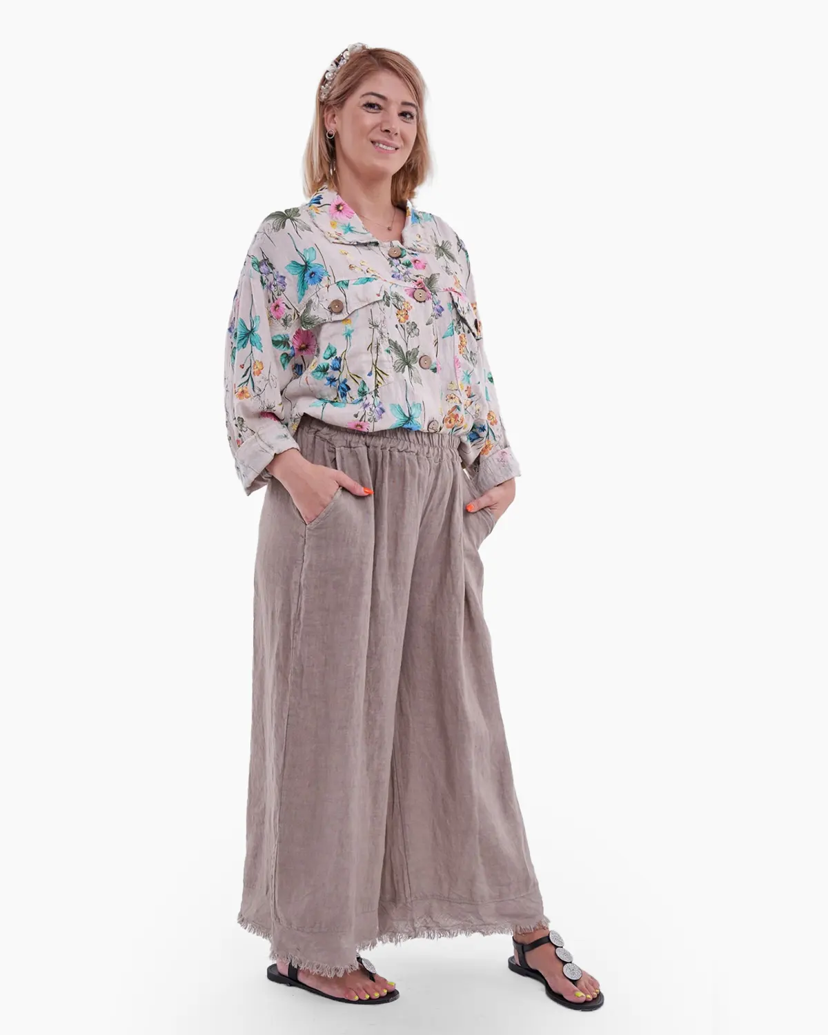 Pantaloni din in pur bej [1]