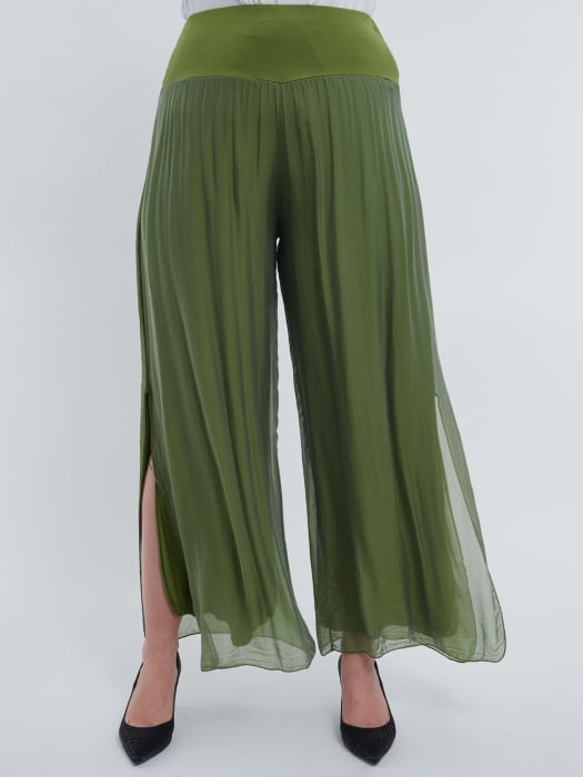 Pantaloni eleganti din matase naturala cu despicaturi laterale ample stil fusta, croiala lejera, talie unica, pentru un look casual sofisticat, verde olive [4]