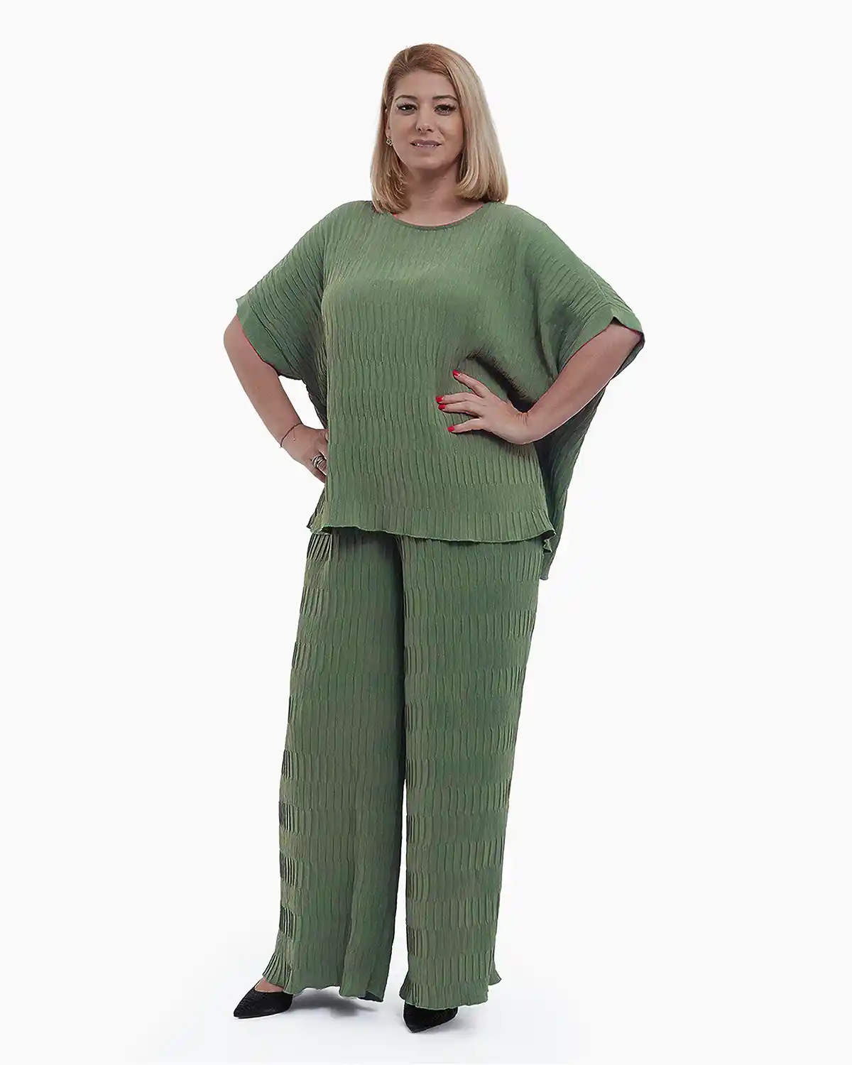 Pantaloni evazati eleganti cu croiala larga, vernil [4]