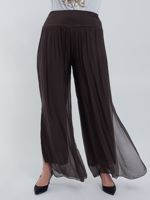 Pantaloni fluizi matase naturala cu despicaturi laterale stil fusta, talie unica, croiala lejera, casual, maro [2]