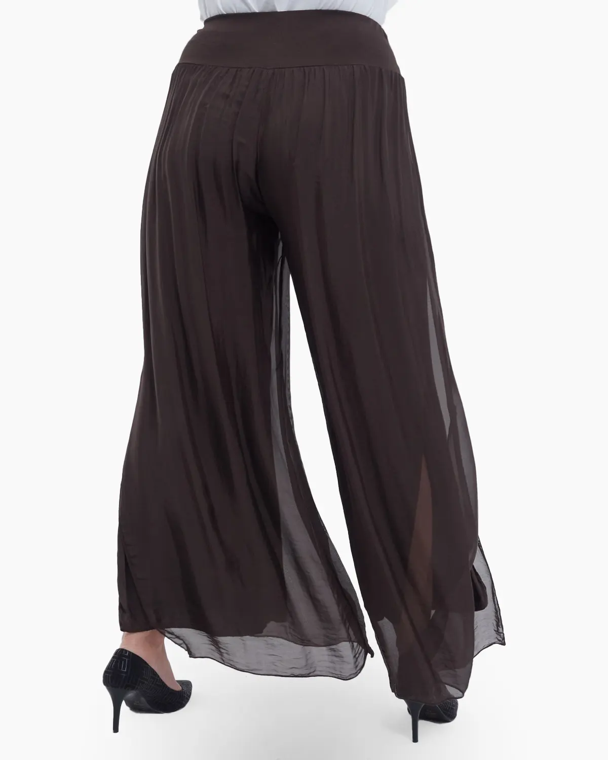 Pantaloni fluizi matase naturala cu despicaturi laterale stil fusta, talie unica, croiala lejera, casual, maro [4]