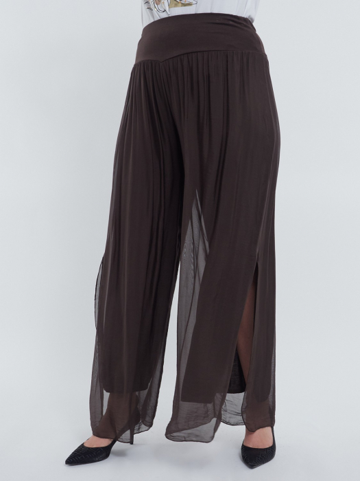 Pantaloni fluizi matase naturala cu despicaturi laterale stil fusta, talie unica, croiala lejera, casual, maro [1]