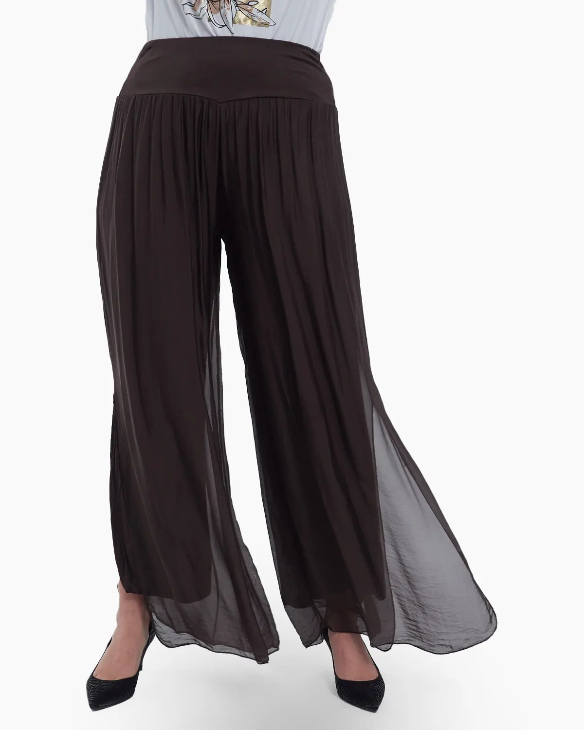 Pantaloni fluizi matase naturala cu despicaturi laterale stil fusta, talie unica, croiala lejera, casual, maro [2]