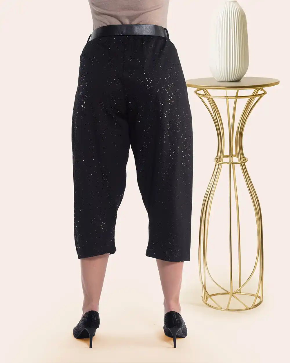 Pantaloni glitter casual chic negri stil salvari cu curea și sclipici [2]