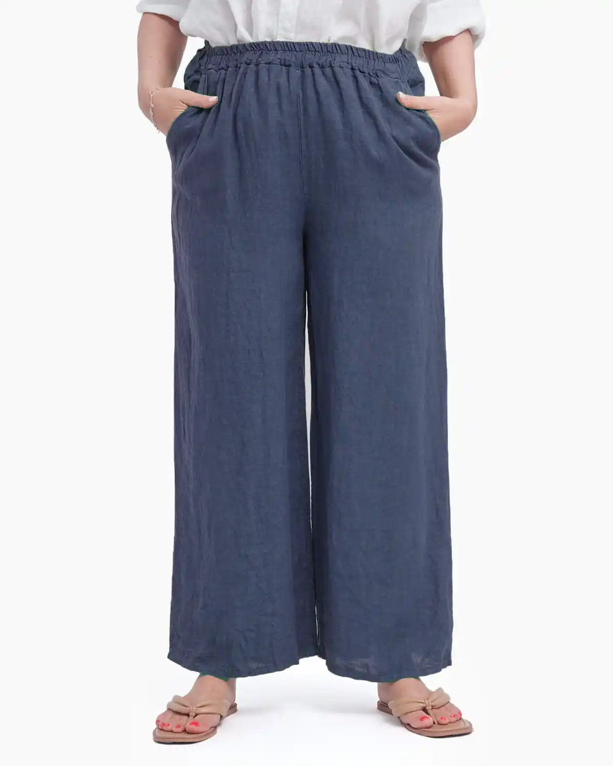 Pantaloni largi si drepti din in cu buzunare laterale, bleumarin [3]