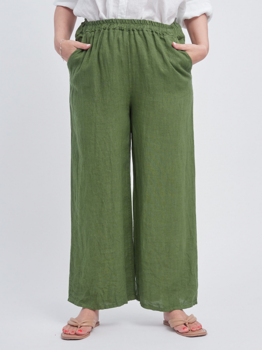 Pantaloni largi si drepti din in cu buzunare laterale, verde oliv [2]