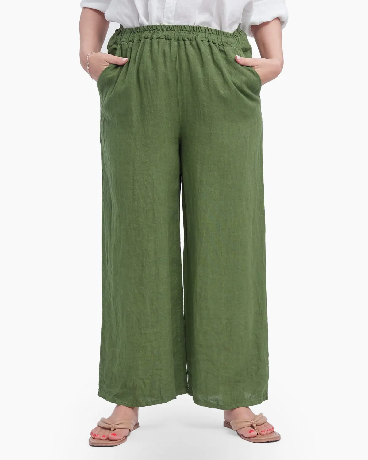Pantaloni largi si drepti din in cu buzunare laterale, verde oliv [2]