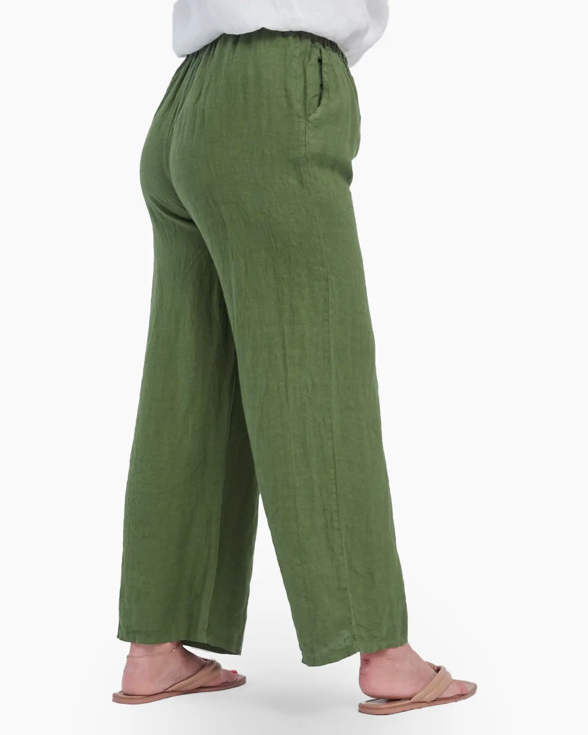 Pantaloni largi si drepti din in cu buzunare laterale, verde oliv [3]