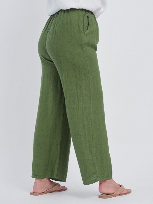 Pantaloni largi si drepti din in cu buzunare laterale, verde oliv [3]