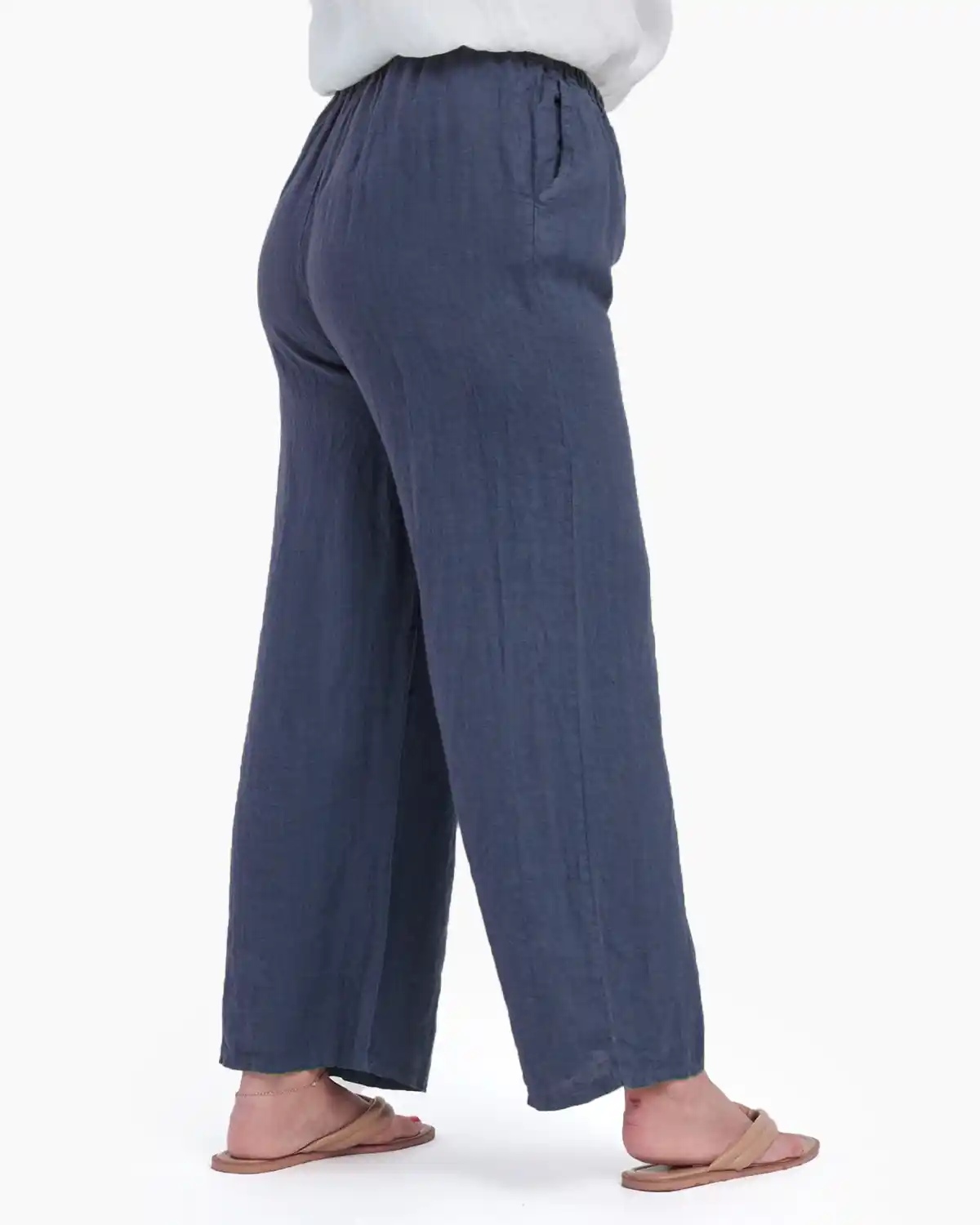 Pantaloni largi si drepti din in cu buzunare laterale, bleumarin [2]