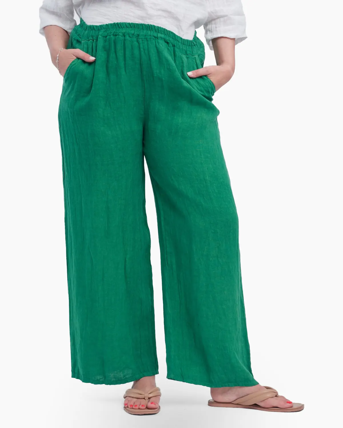 Pantaloni largi si drepti din in cu buzunare laterale, verzi [1]