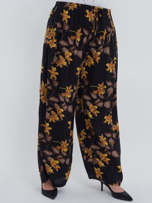 Pantaloni lungi evazati din viscoza cu imprimeu floral, talie elastica cu snur si buzunare, perfecti pentru un stil casual rafinat, negru [4]