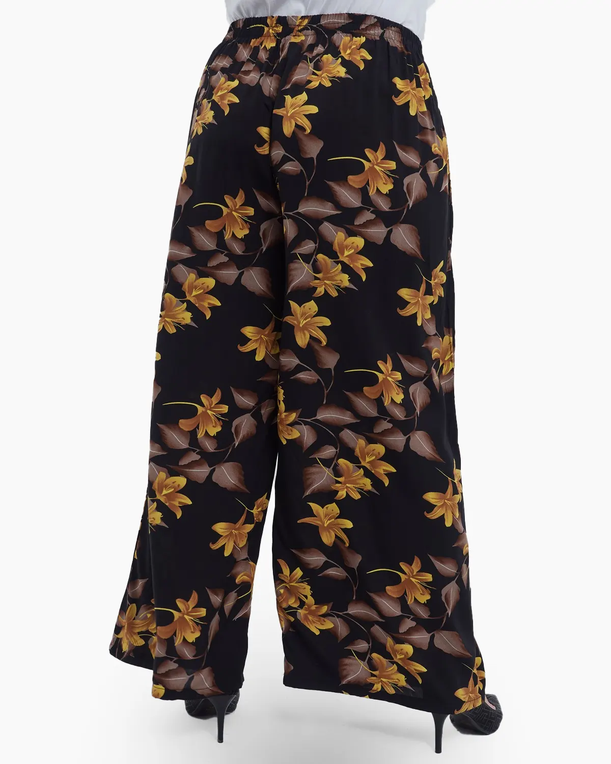 Pantaloni lungi evazati din viscoza cu imprimeu floral, talie elastica cu snur si buzunare, perfecti pentru un stil casual rafinat, negru [3]
