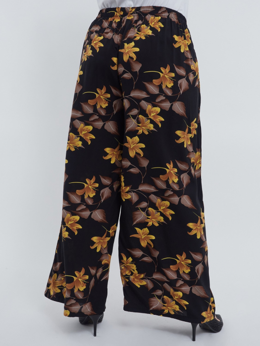 Pantaloni lungi evazati din viscoza cu imprimeu floral, talie elastica cu snur si buzunare, perfecti pentru un stil casual rafinat, negru [3]