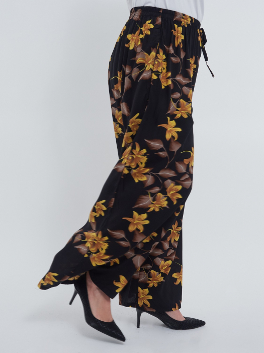 Pantaloni lungi evazati din viscoza cu imprimeu floral, talie elastica cu snur si buzunare, perfecti pentru un stil casual rafinat, negru [2]