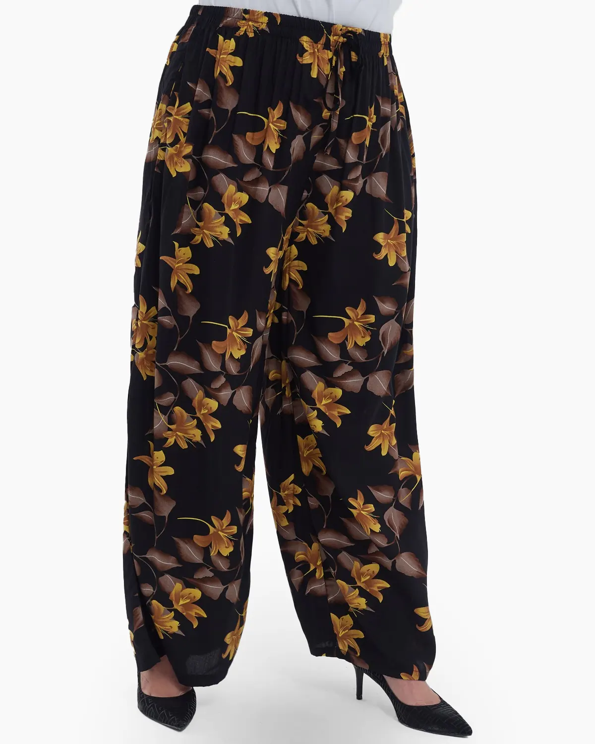 Pantaloni lungi evazati din viscoza cu imprimeu floral, talie elastica cu snur si buzunare, perfecti pentru un stil casual rafinat, negru [4]
