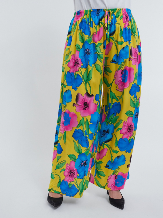 Pantaloni lungi evazati din viscoza premium cu imprimeu floral distinctiv talie ajustabila si buzunare stil casual chic negru [4]