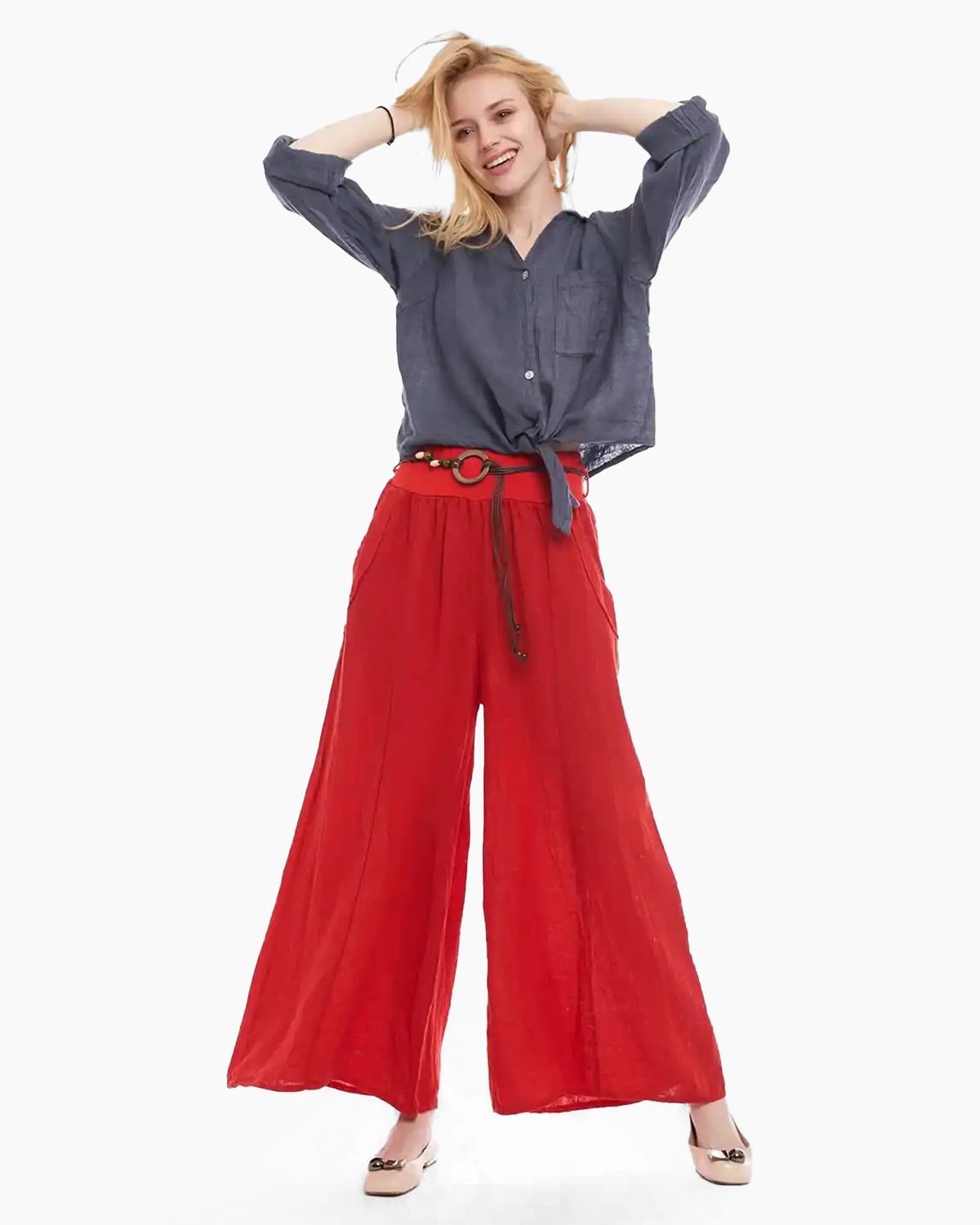 Pantaloni lungi tip fustă din in, evazați, cu curea inclusă [1]