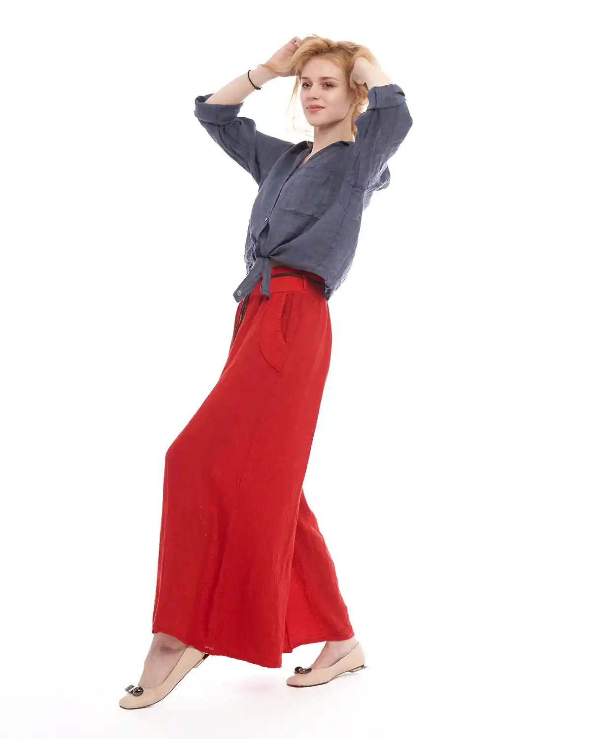 Pantaloni lungi tip fustă din in, evazați, cu curea inclusă [2]