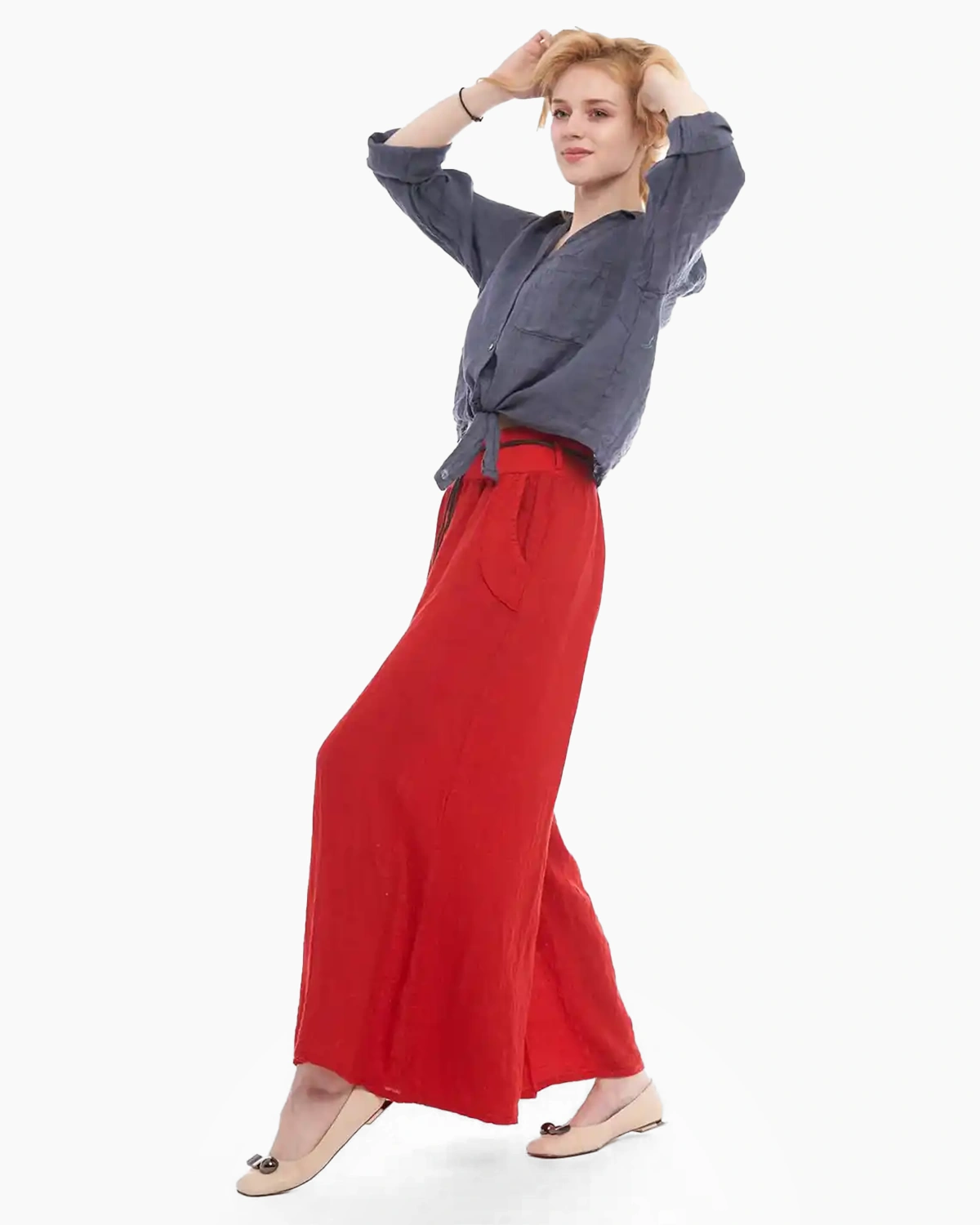 Pantaloni lungi tip fustă din in, evazați, cu curea inclusă [2]