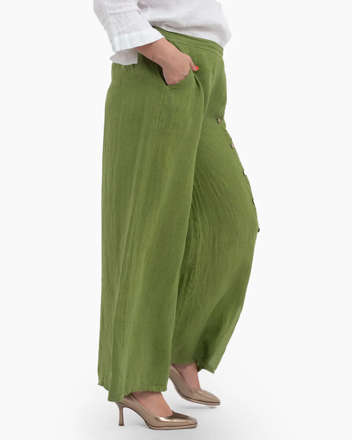 Pantaloni lungi verzi din in pentru vară, confortabili și practici [3]