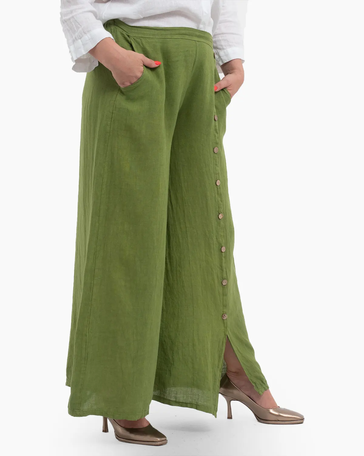 Pantaloni lungi verzi din in pentru vară, confortabili și practici [5]