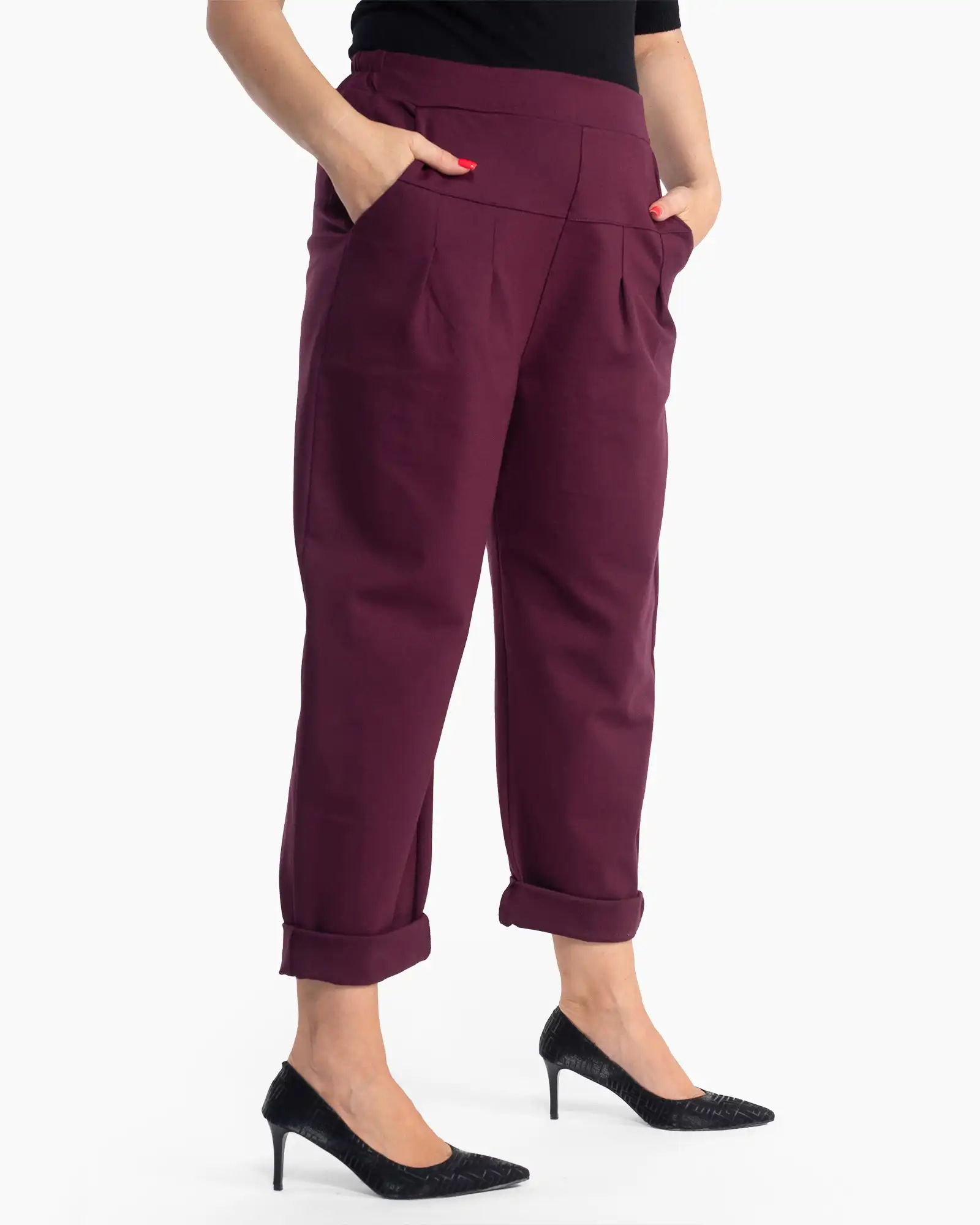 Pantaloni vișinii eleganți-casual cu linie fluidă și talie elastică [3]