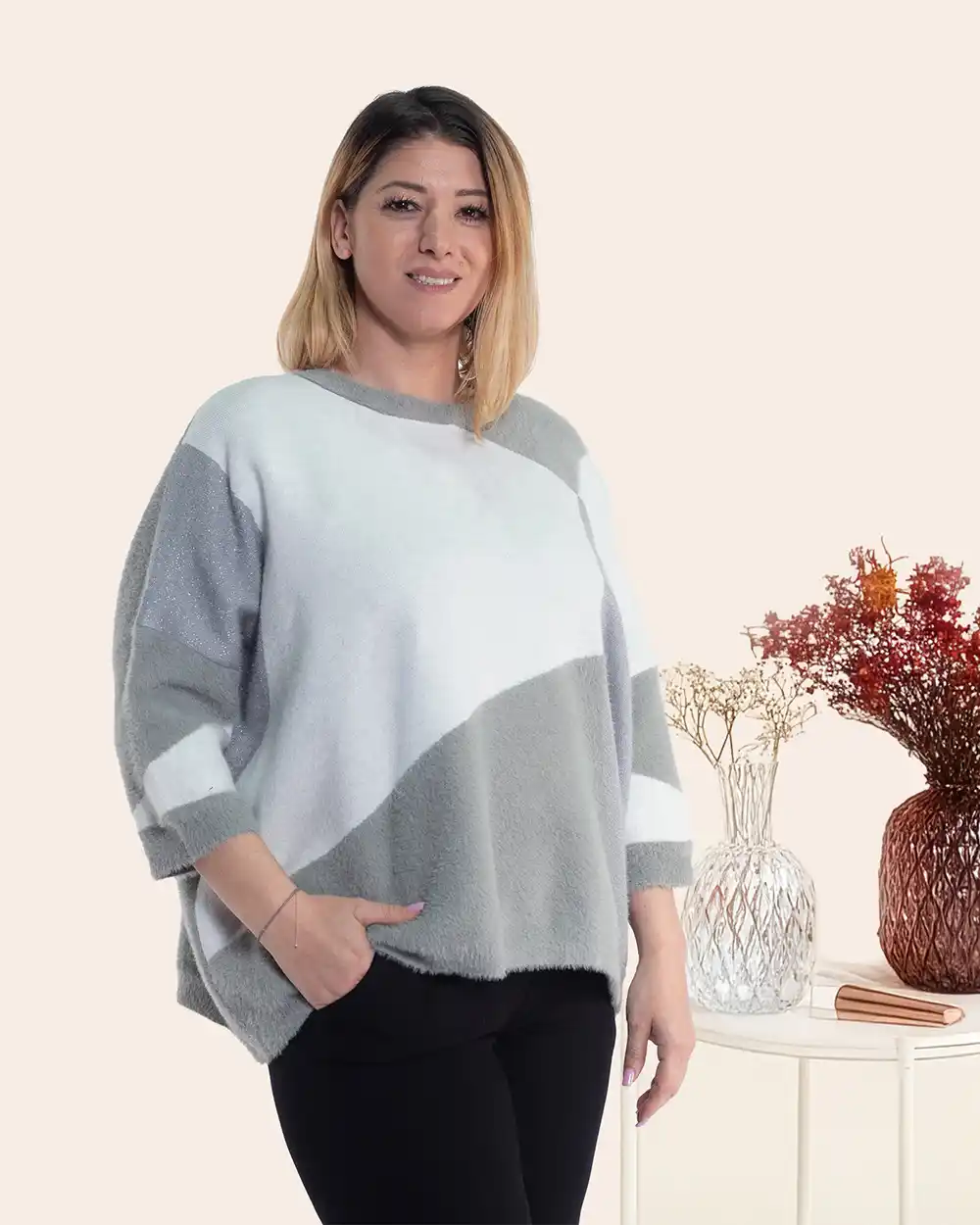 Pulover casual chic gri cu mâneci dolman [4]