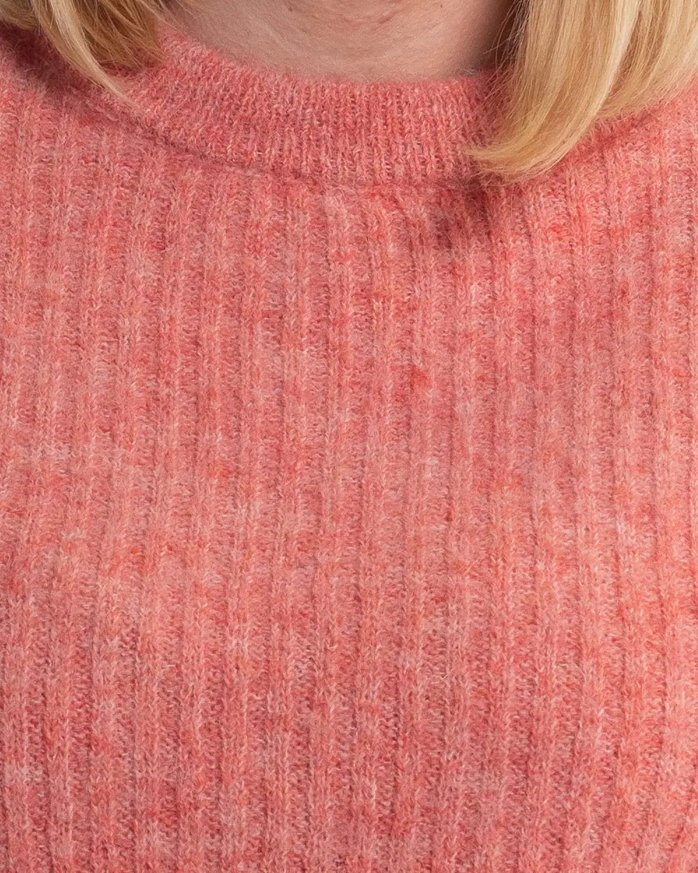 Pulover casual pufos din lână tricotată roz piersică cu guler dublat [4]