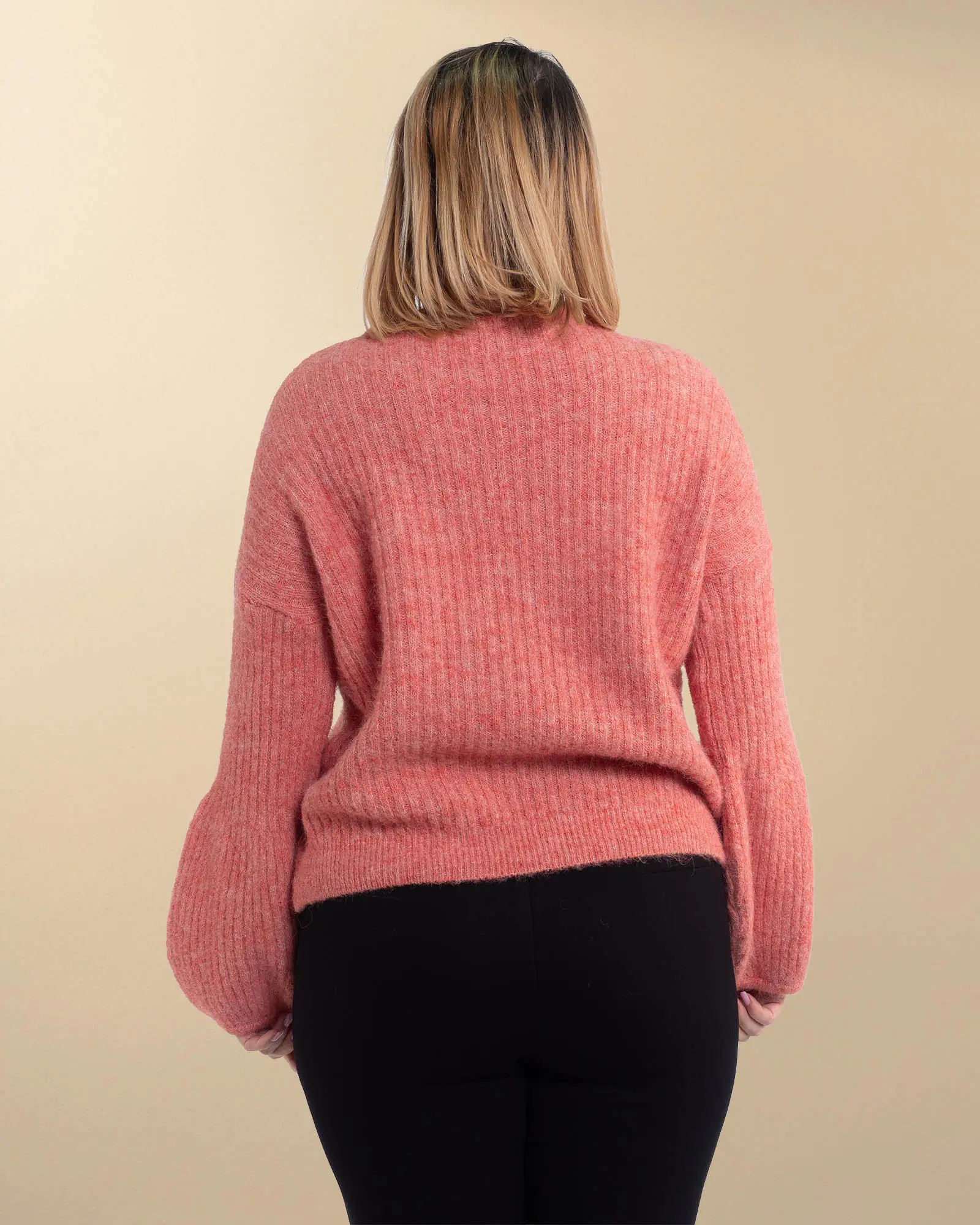 Pulover casual pufos din lână tricotată roz piersică cu guler dublat [2]