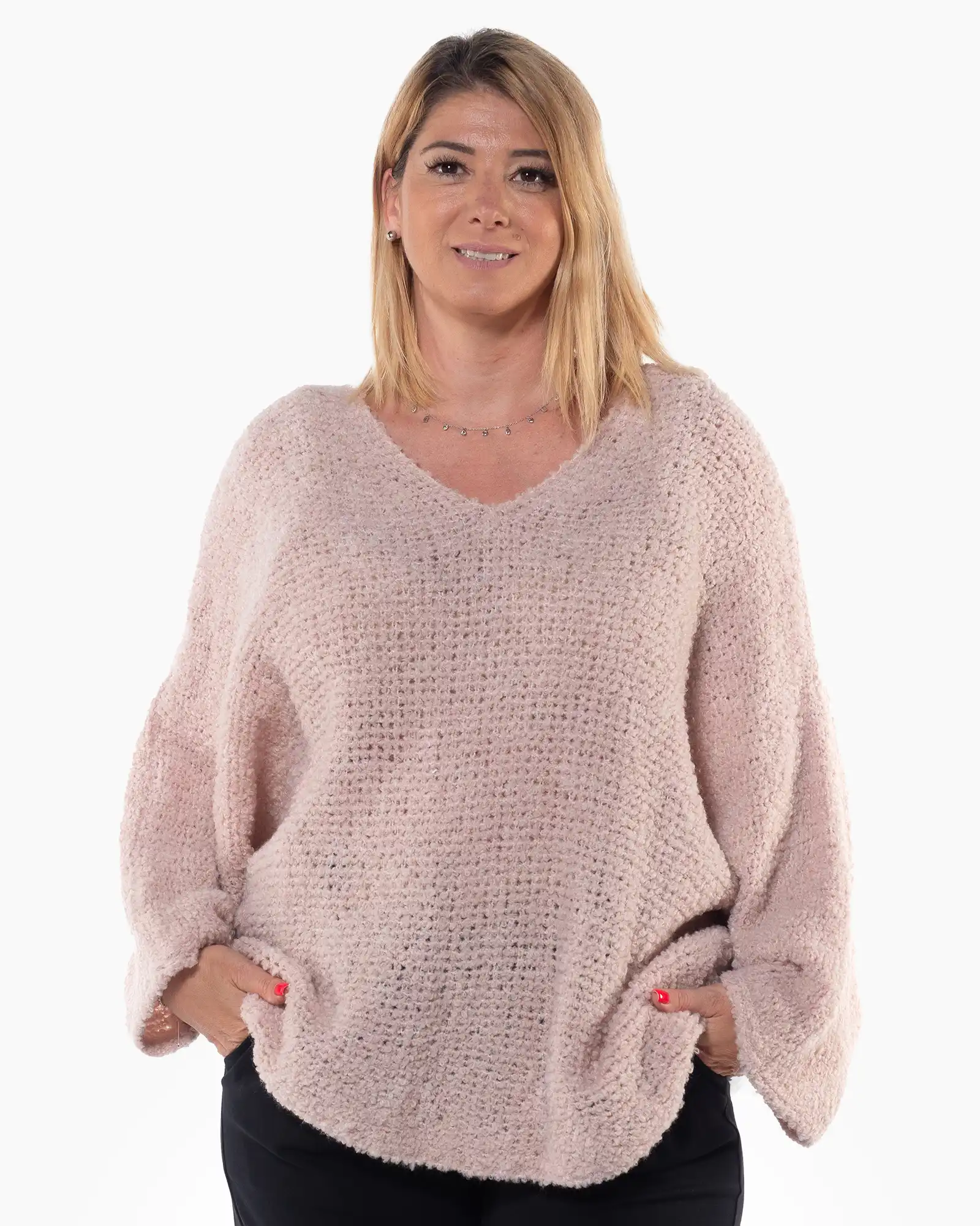 Pulover casual roz pudrat cu design lejer și mâneci batwing [1]