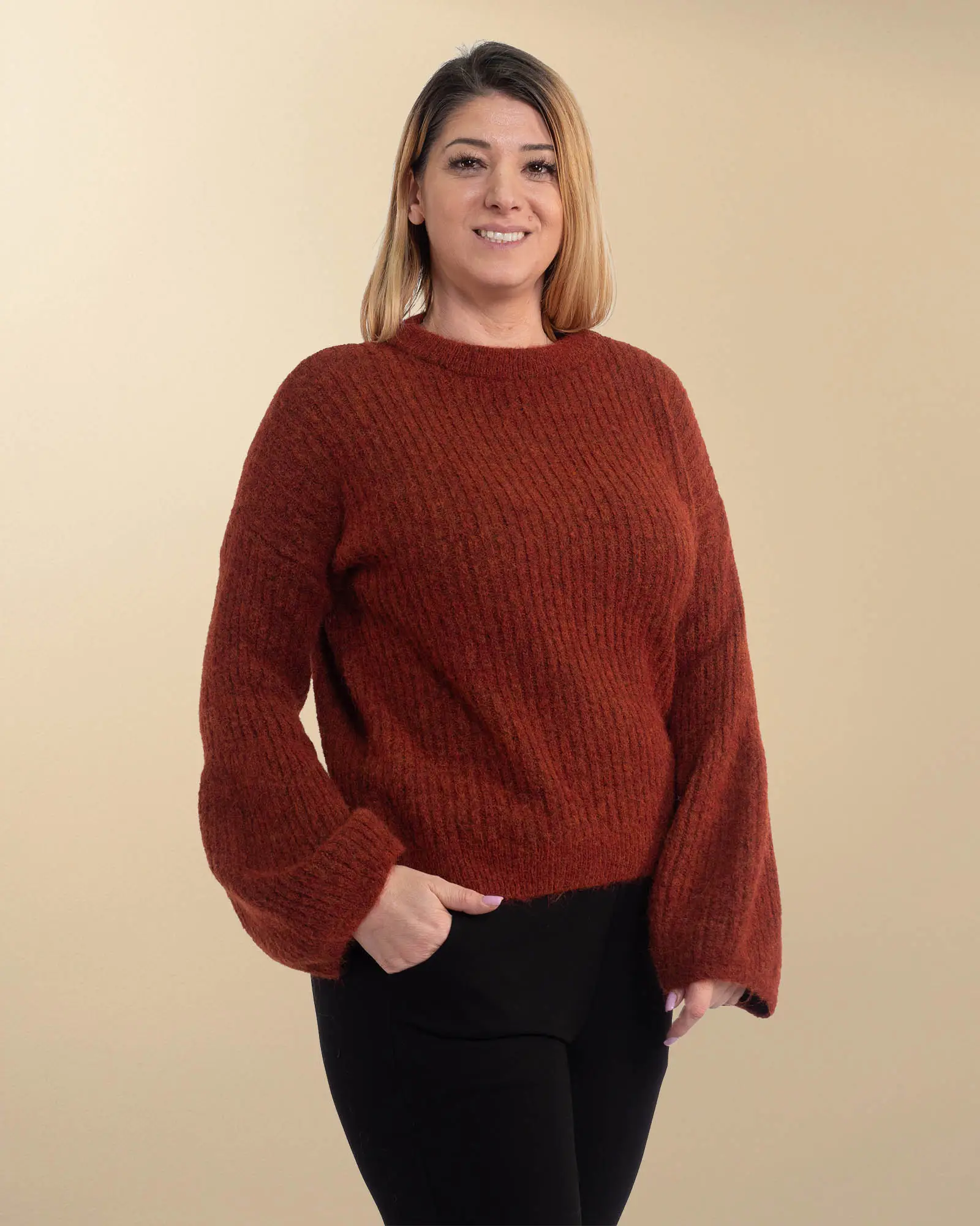 Pulover chic cărămiziu din lână pufos cu mâneci bufante [3]