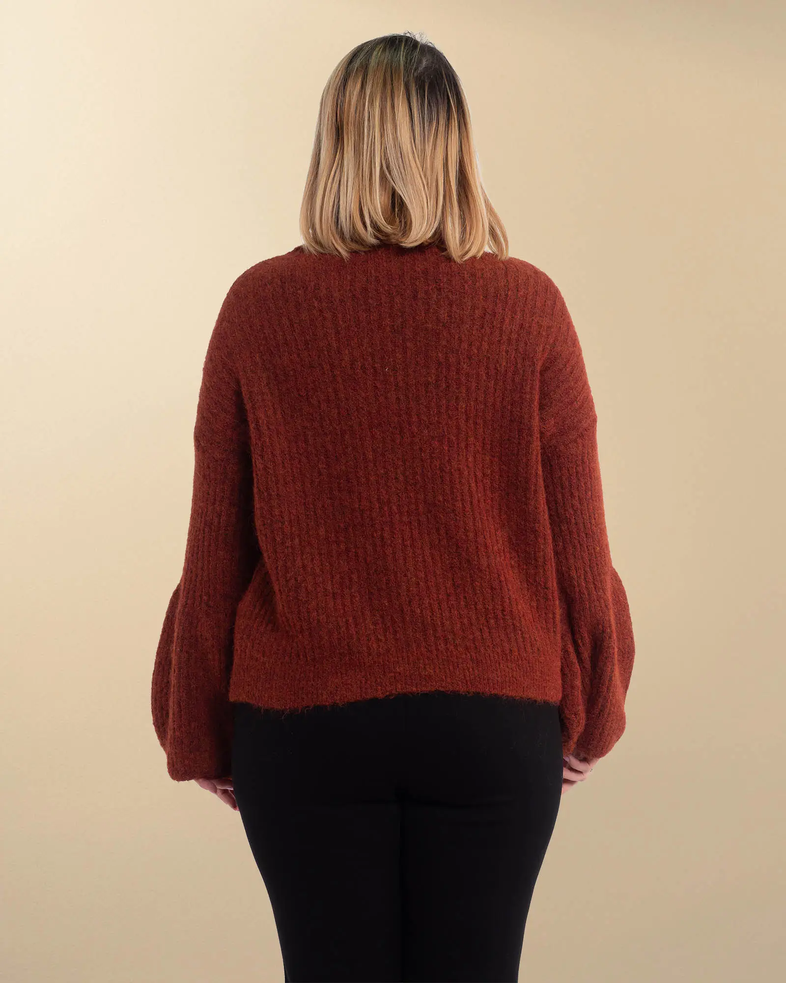 Pulover chic cărămiziu din lână pufos cu mâneci bufante [2]