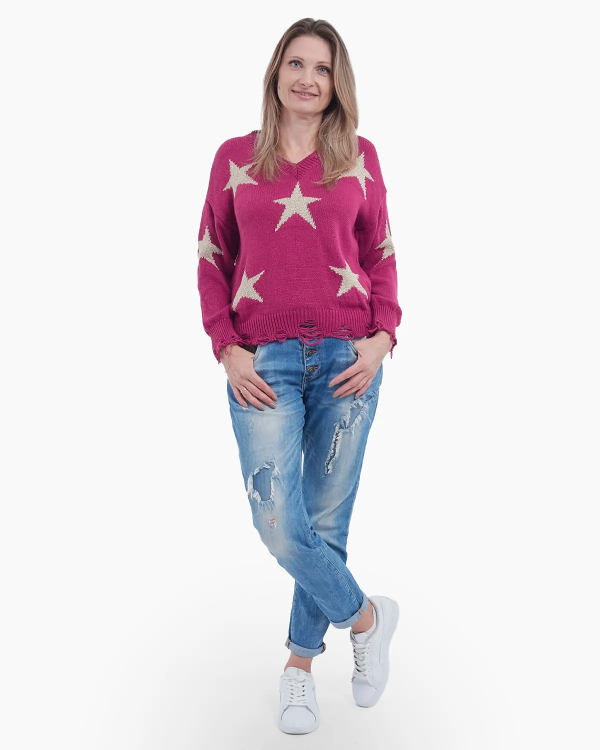 Pulover ciclam tricotat cu detalii "stea" [2]