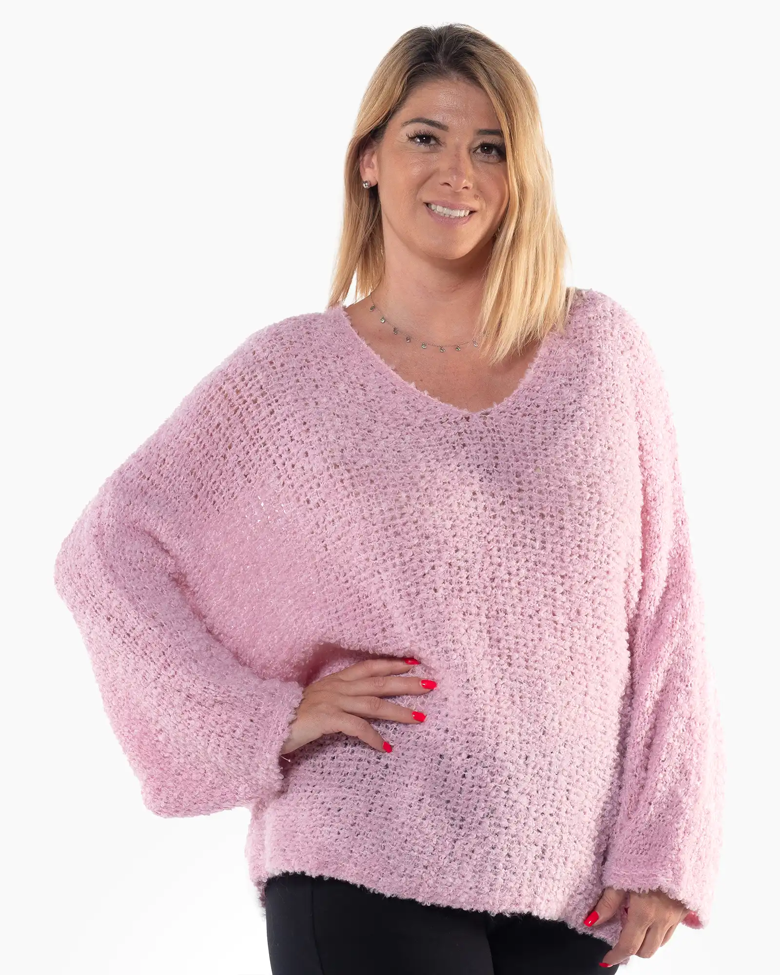 Pulover lejer roz pufos cu decolteu în V și design oversize [3]