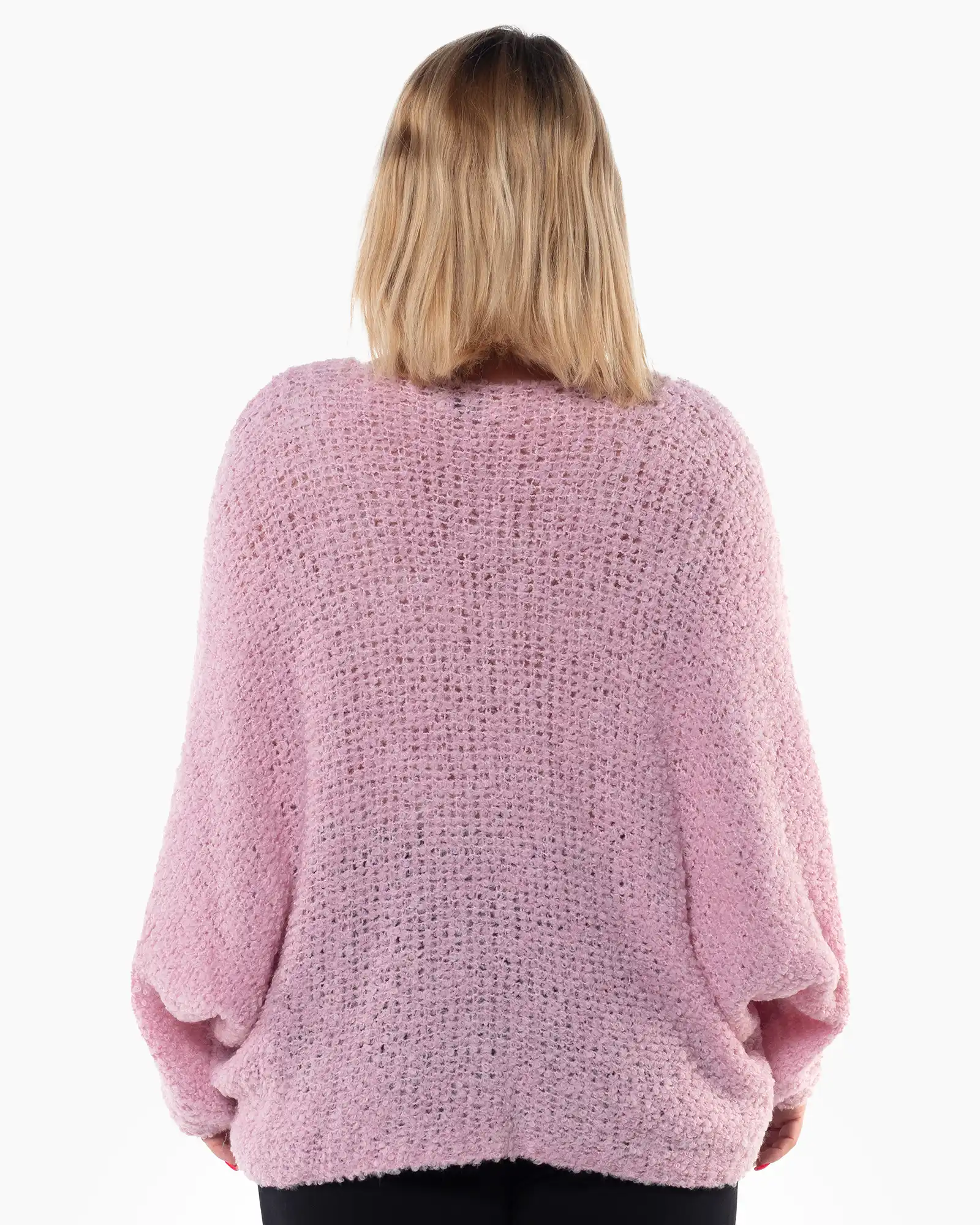 Pulover lejer roz pufos cu decolteu în V și design oversize [2]