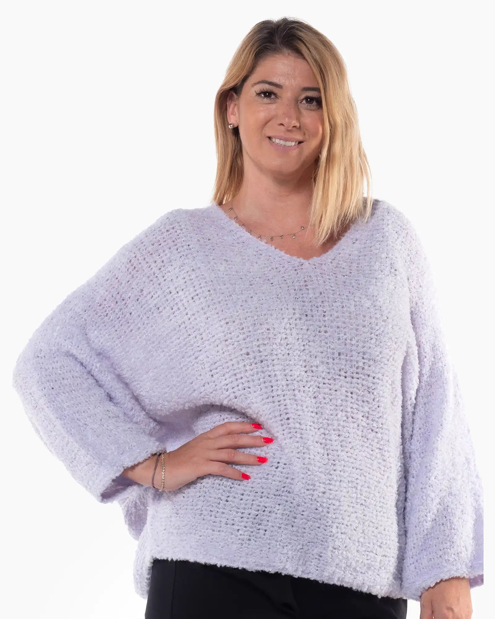 Pulover lila pufos cu croială lejeră oversize și decolteu în V [3]